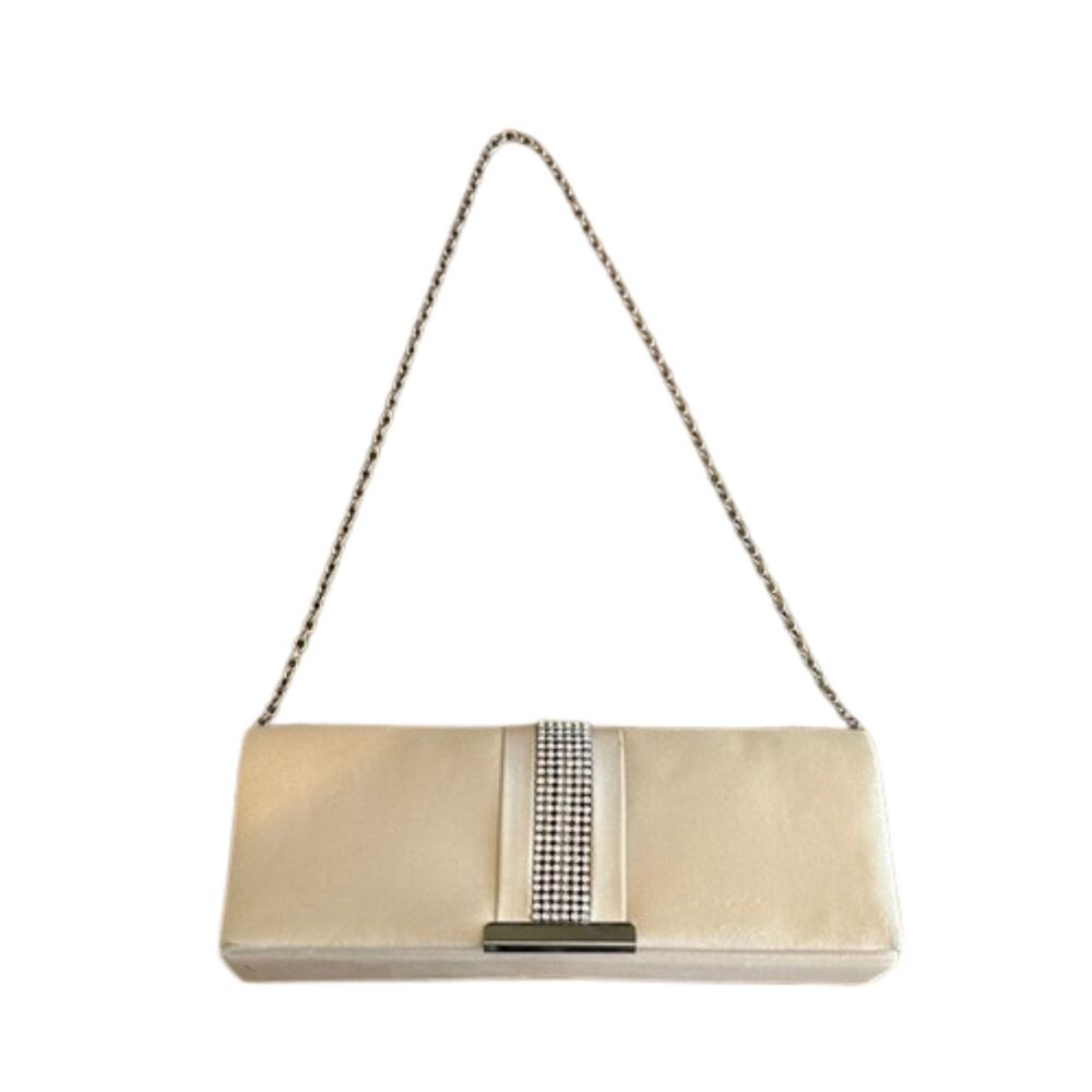 Gunne Sax Satin Clutch Purse Formal Chain Handle Rhinestones Shoulder Bag Cream